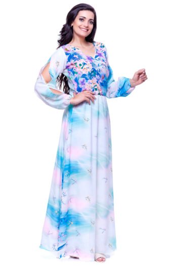 vestido evangelico longo viscose seda transpassado azul